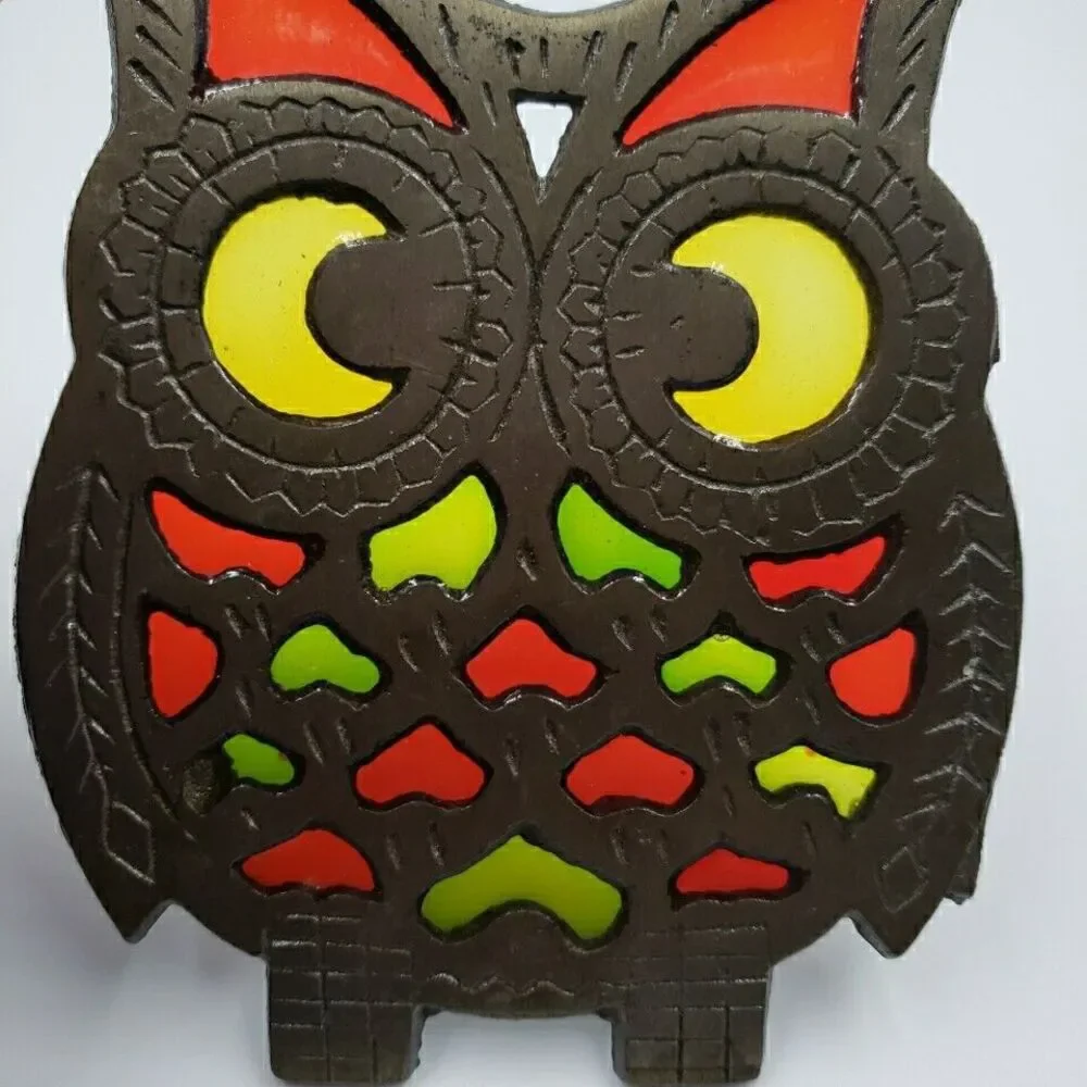 Vtg OWL Trivet Cast Metal Stained Glass Hot Plate Kitchen Kitsch Pot Rest Taiwan
